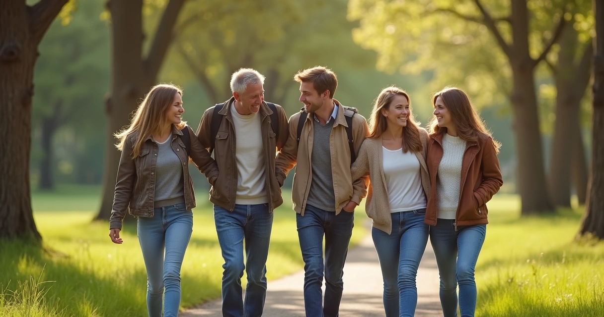 Grupo de amigos caminhando ao ar livre, simbolizando apoio social 