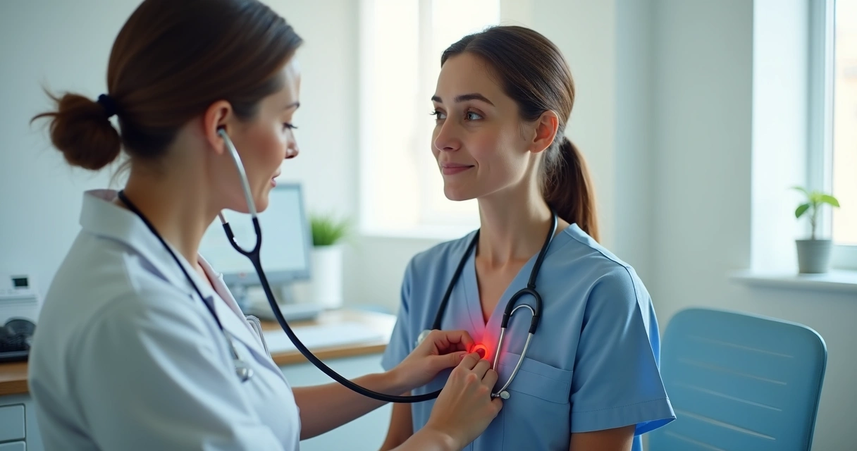Médica segurando estetoscópio sobre o peito de uma paciente durante exame clínico 