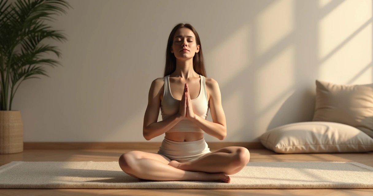 Pessoa sentada em ambiente tranquilo praticando respiração profunda com olhos fechados 