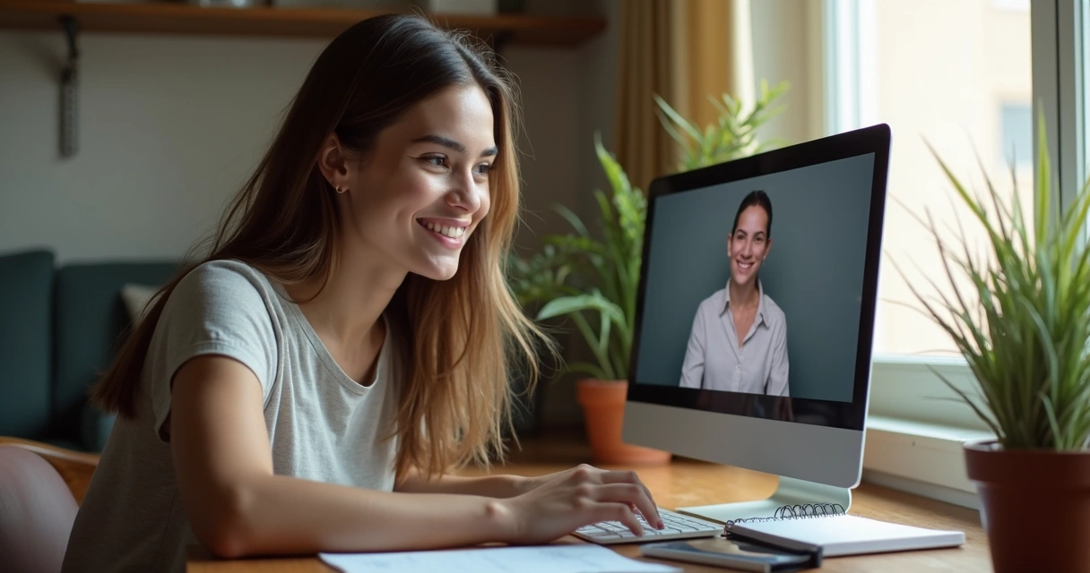 Pessoa brasileira sorrindo diante do notebook, em consulta virtual com psicólogo 