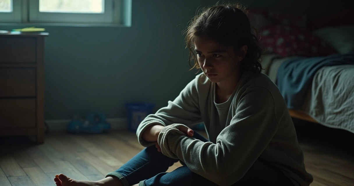 Adolescente sentado no chão com expressão triste, olhando para o pulso escondido sob a manga 