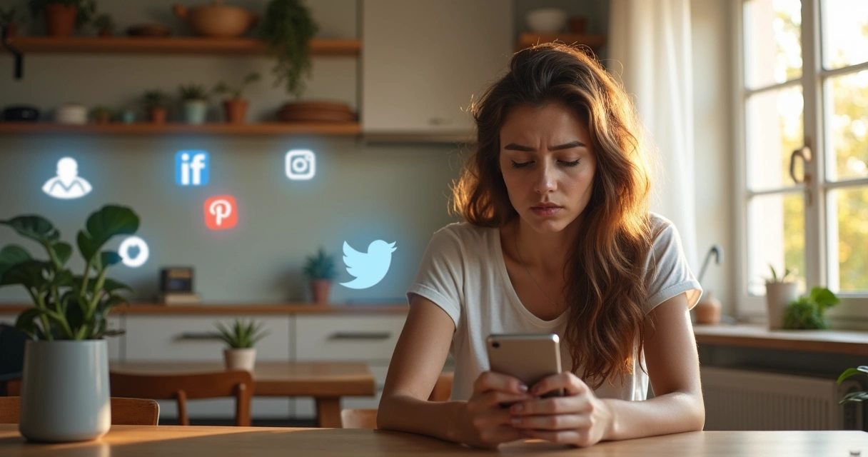 Jovem olhando para o celular com expressão de preocupação 