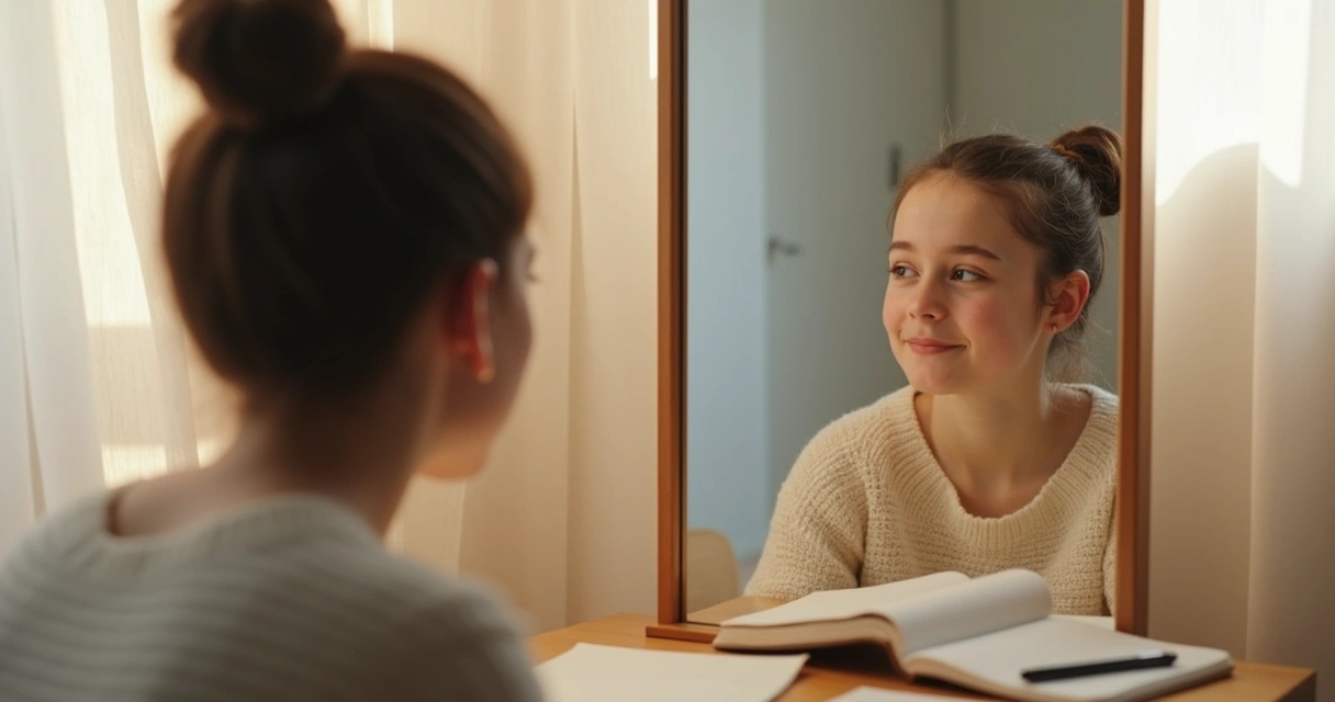 Pessoa refletindo diante de um espelho em ambiente tranquilo 