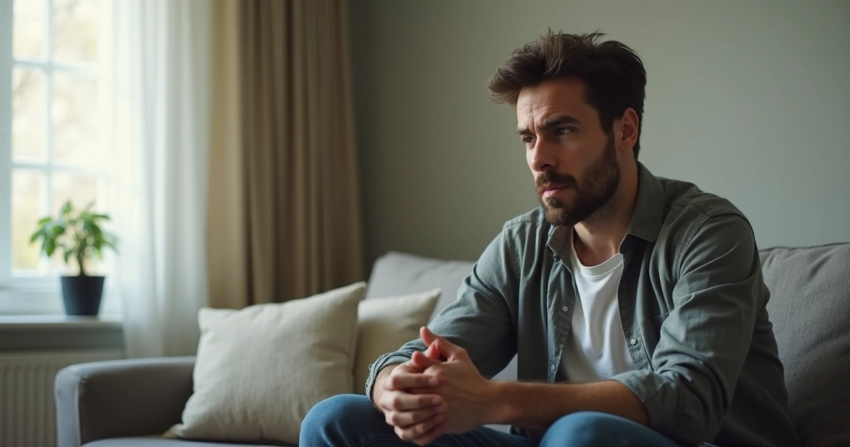 Homem com olhar distante sentado sozinho 