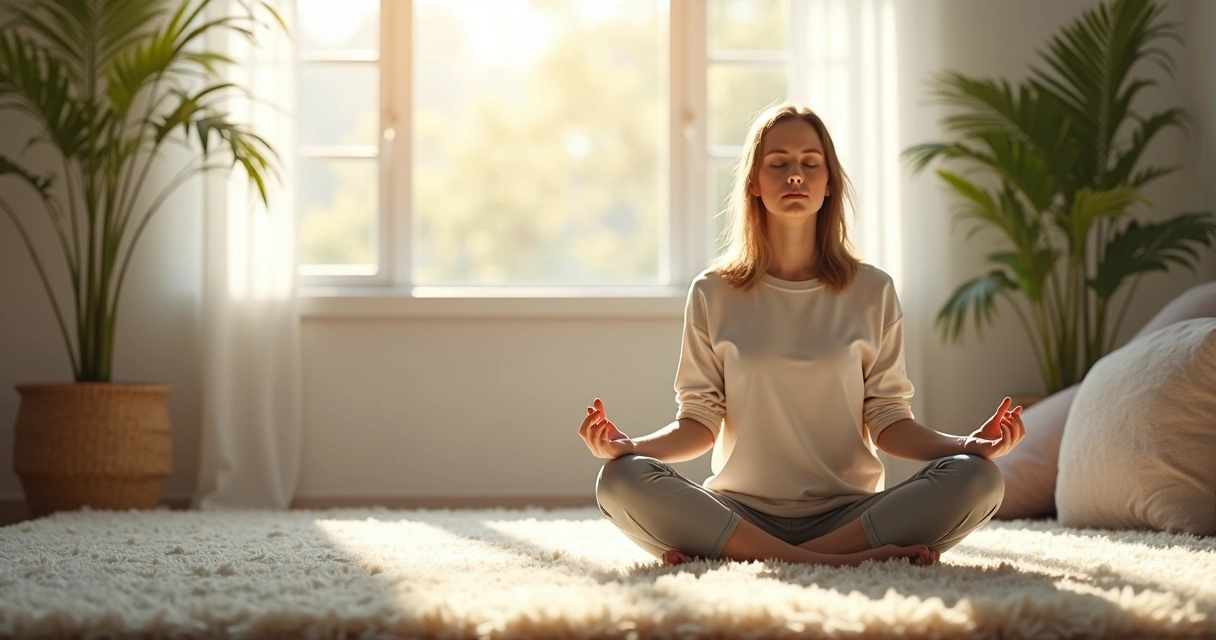 Mulher sentada em posição de meditação em sala tranquila 
