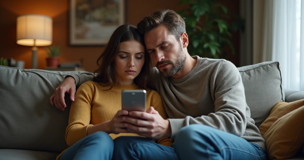 Casal sério discutindo enquanto um olha o celular