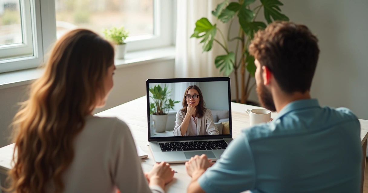 Casal olhando para laptop em sessão de terapia online