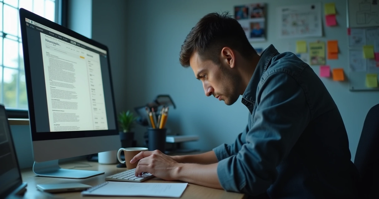 Pessoa olhando para computador em mesa de trabalho 