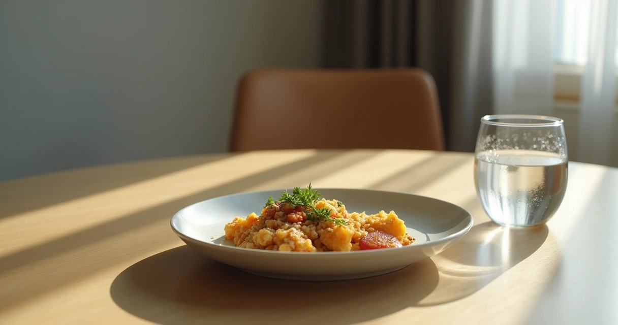 Prato com comida intocada sobre mesa simples 