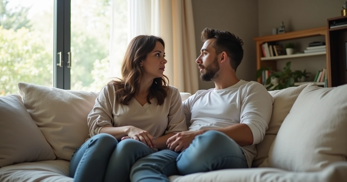 Casal sentado no sofá conversando com expressão séria 