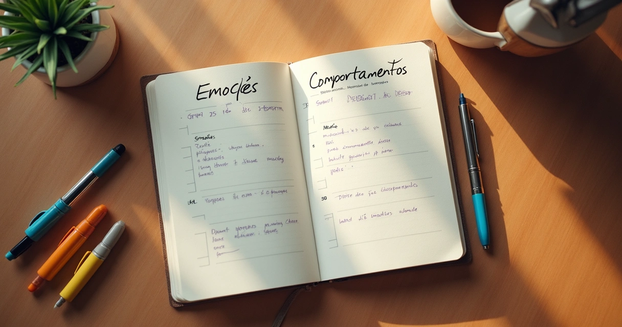 Diário aberto com anotações sobre emoções e comportamentos 