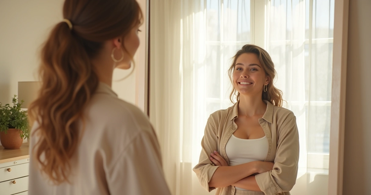 Mulher olhando para o espelho com expressão confiante 