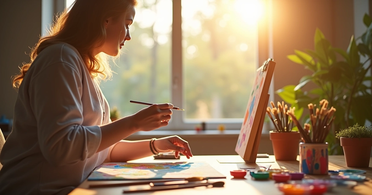 Pessoa pintando quadro com pincel próximo de uma janela iluminada 