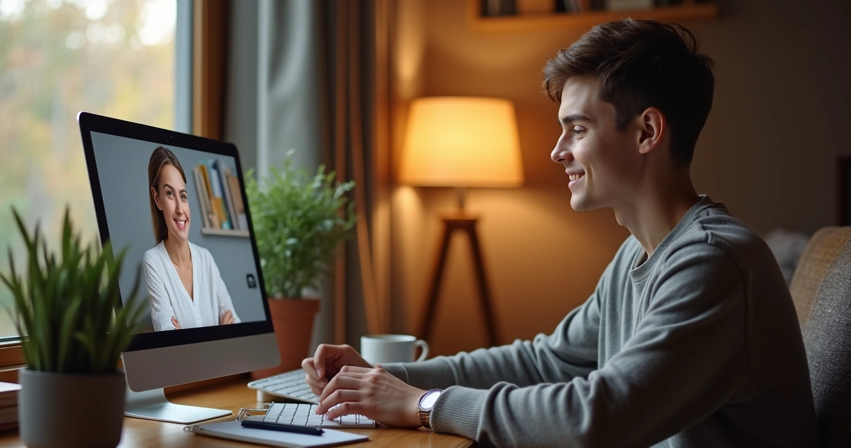 Pessoa em atendimento psicológico online pelo computador 