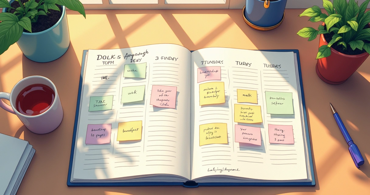 Calendário com rotina semanal preenchida com tarefas diárias simples 