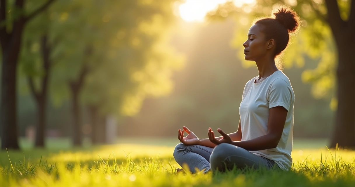 Pessoa sentada em posição de meditação, praticando respiração consciente na natureza 