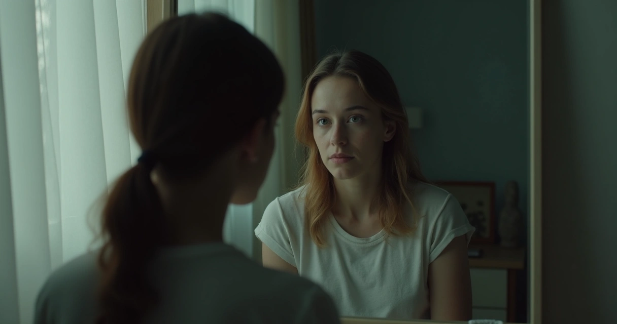 Mulher com olhar distante em um ambiente claro, transmitindo confusão 