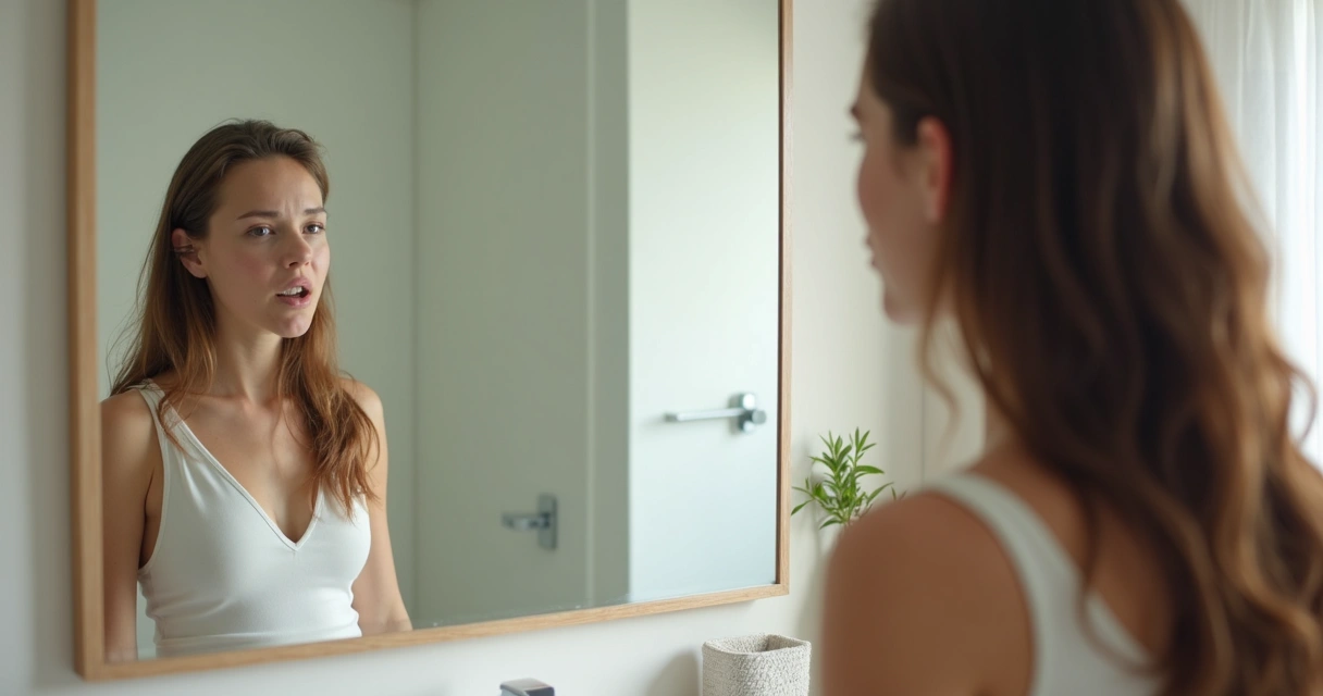 Pessoa em frente ao espelho falando consigo mesma 