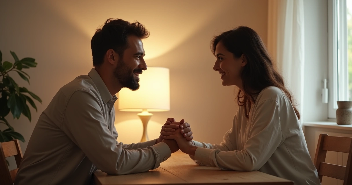 Casal sentado frente a frente, segurando as mãos em momento de reconciliação 