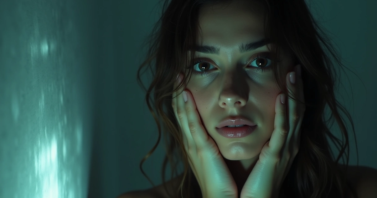 Mulher olhando no espelho com expressão triste 