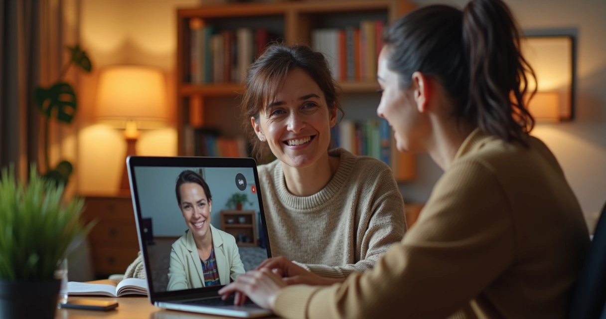 Pessoa sorridente em chamada de vídeo com psicólogo, ambos diante de computadores, ilustrando acolhimento digital. 