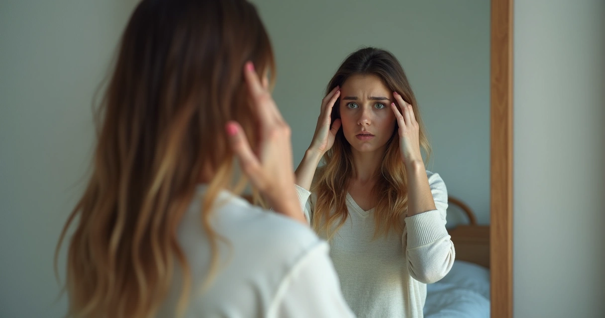 Mulher com expressão preocupada olhando para si misma no espelho 