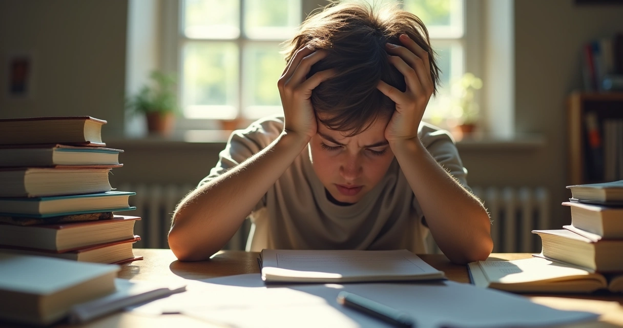 Jovem cansado com livros e caderno em mesa de estudo 
