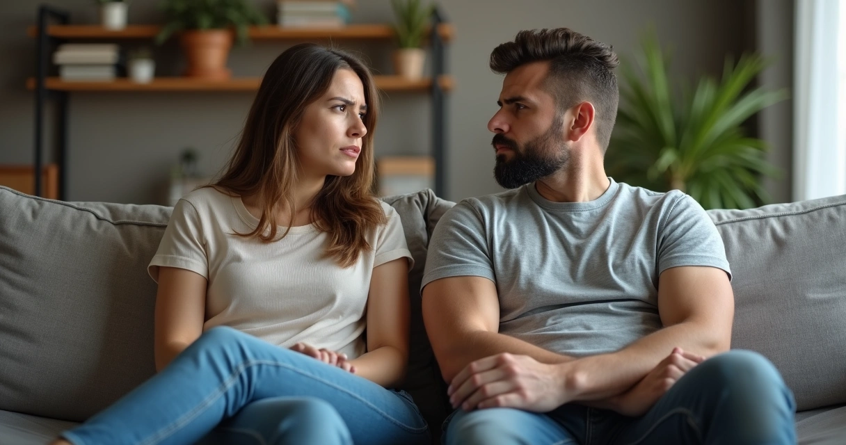 Casal sentado no sofá com expressão preocupada, sem se falar 