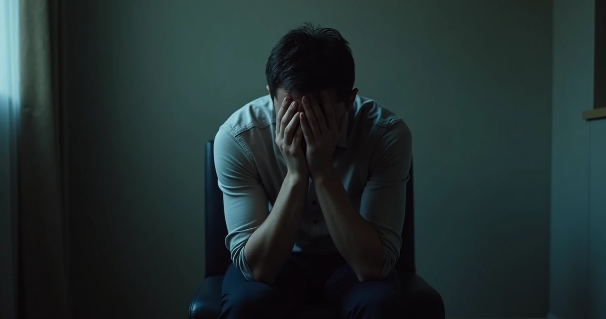 Homem sentado de cabeça baixa, expressão de sofrimento silencioso 