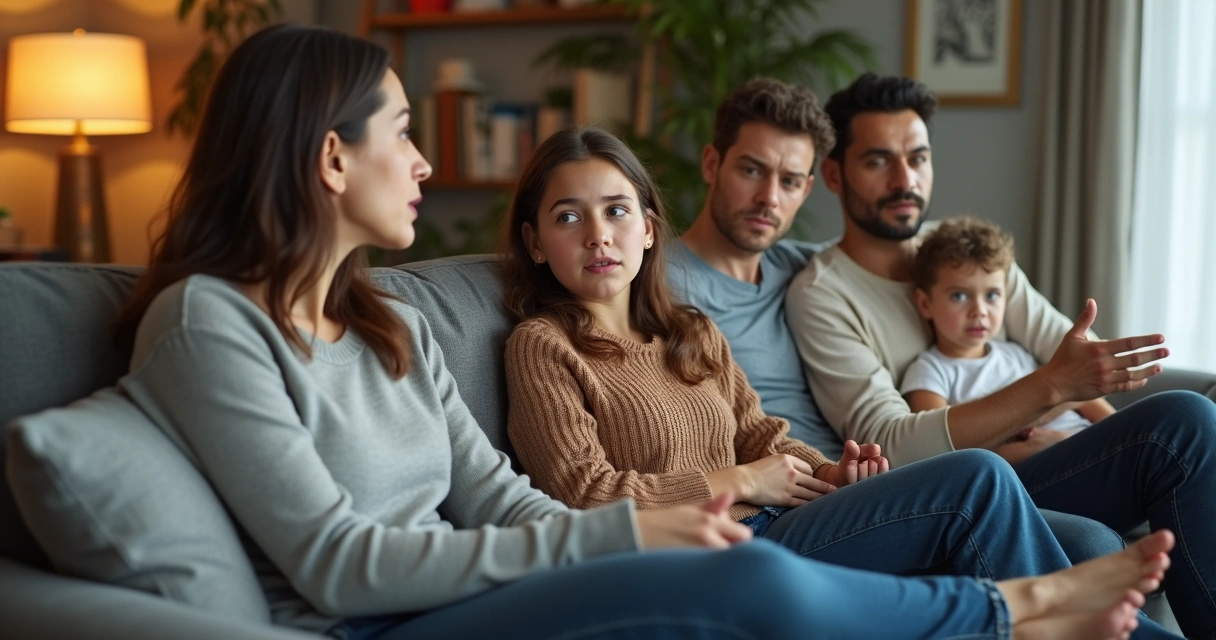 Família em casa, uma pessoa central domina a conversa 