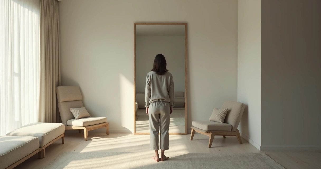 Pessoa olhando para o próprio reflexo em um espelho grande 