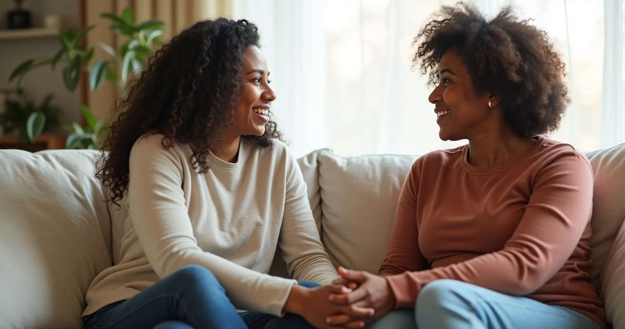 Duas pessoas conversando de forma acolhedora numa sala clara, simbolizando uma conexão emocional e afetiva