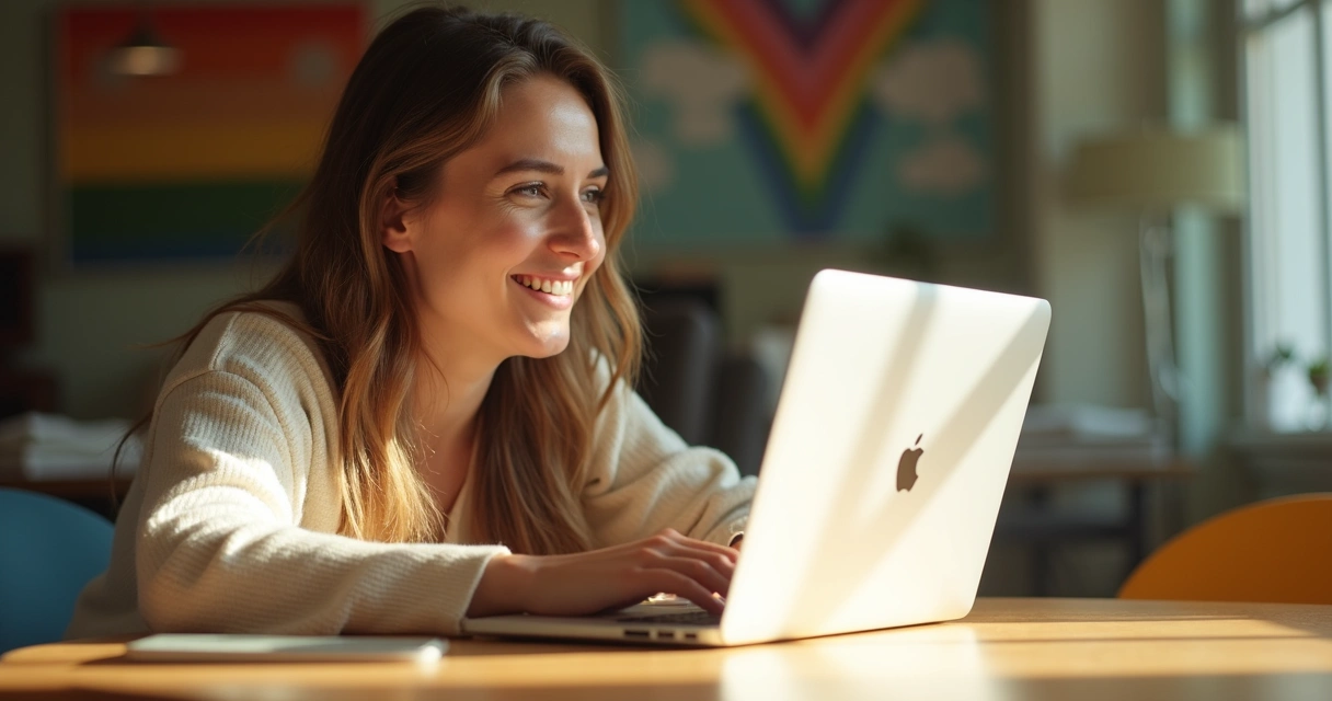 Pessoa sorrindo enquanto lê sobre sexualidade em um notebook, transmitindo autoconhecimento e aceitação