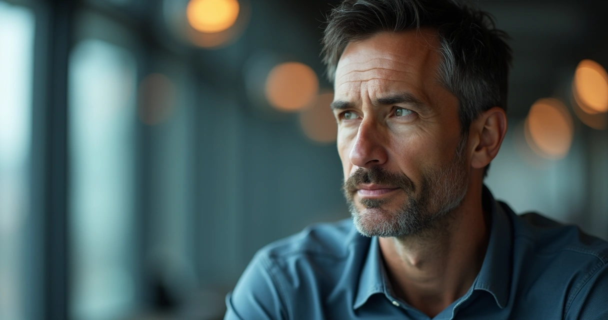 Homem olhando para o lado com expressão neutra, fundo desfocado 