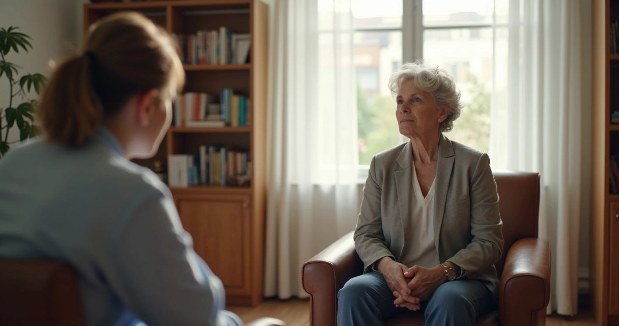 Consultório de psicoterapia com terapeuta e paciente em sessão 