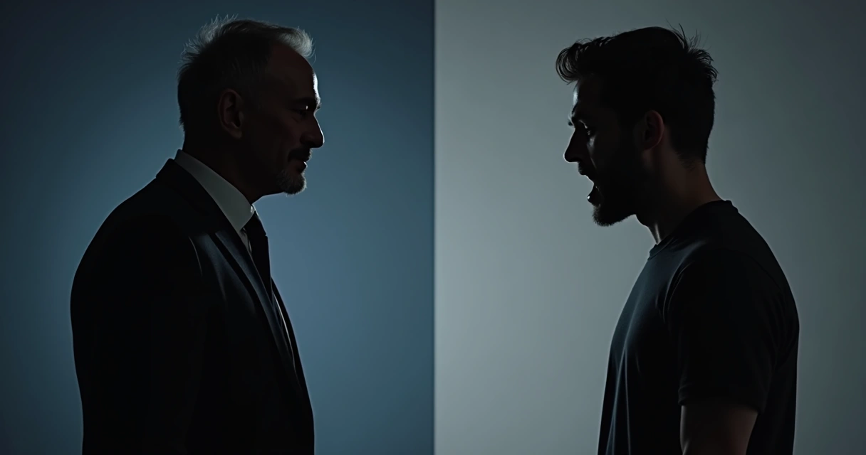 Silhuetas contrastantes: uma de expressão fria, outra de expressão agressiva 