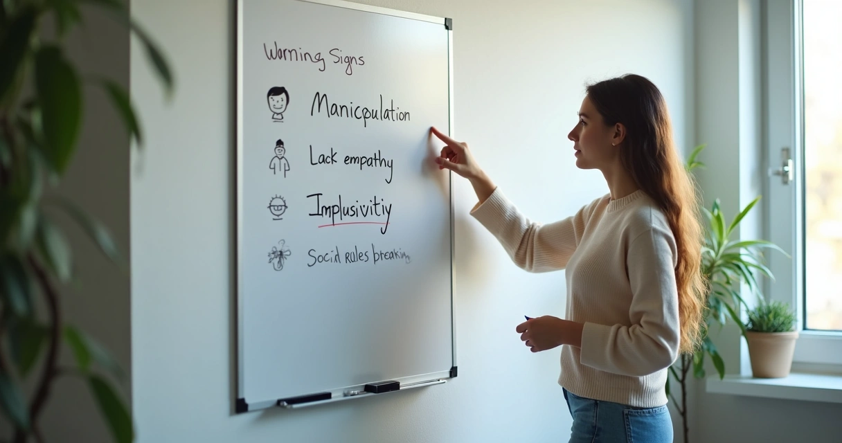 Pessoa aponta sinais de alerta em quadro branco em sala clara 