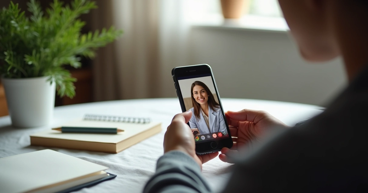 Pessoa segurando celular em atendimento de terapia online 