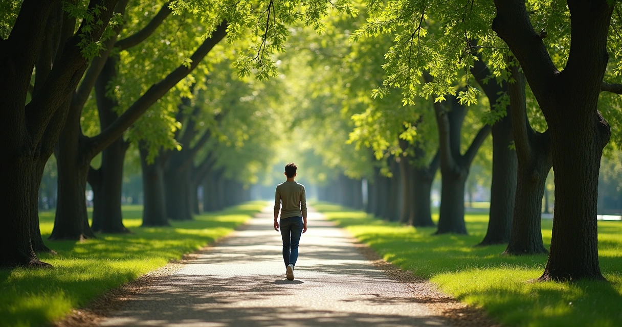 Pessoa caminhando sozinha em parque arborizado 