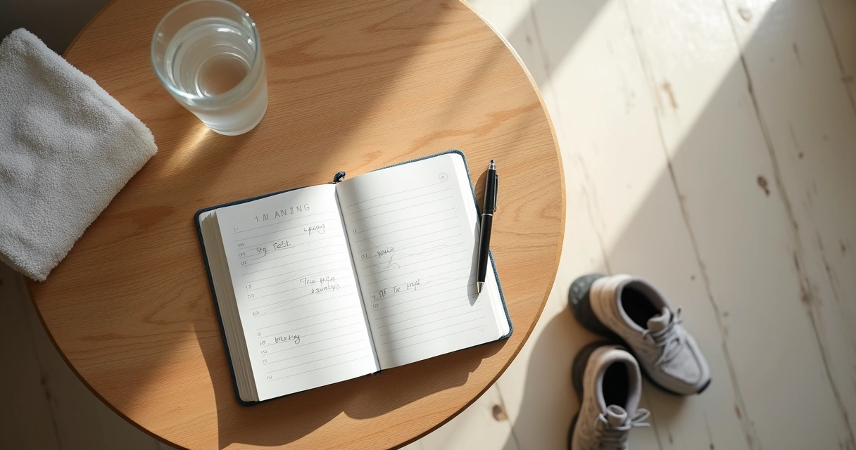 Caderno com metas simples ao lado de copo de água e tênis