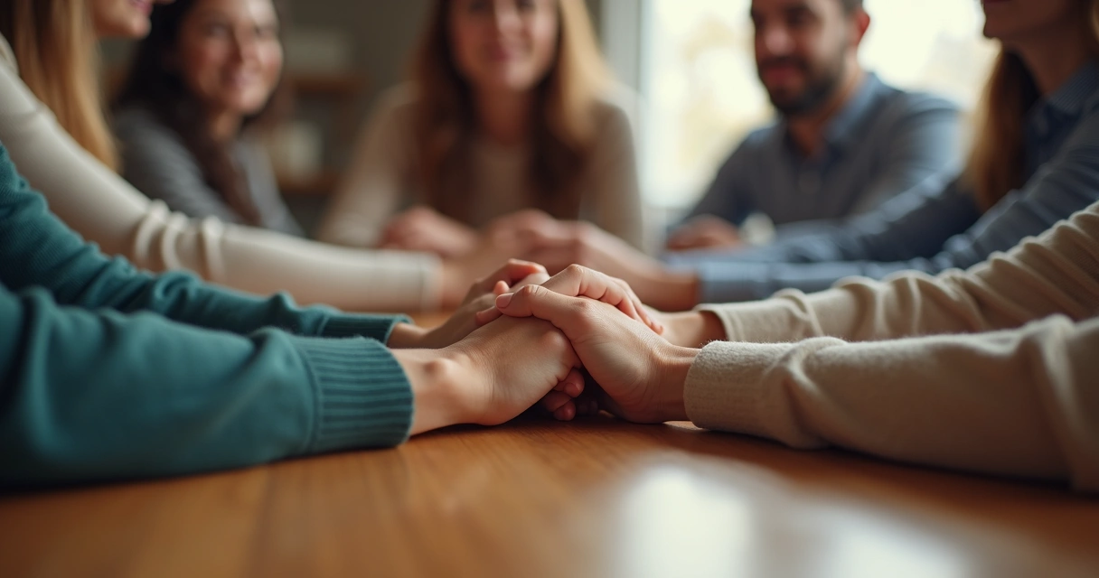 Mãos dadas em sinal de apoio emocional durante uma conversa familiar