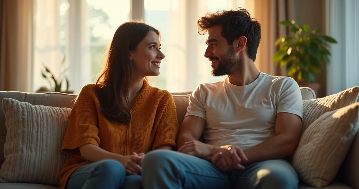 Casal sentado conversando de forma empática em um ambiente confortável. 
