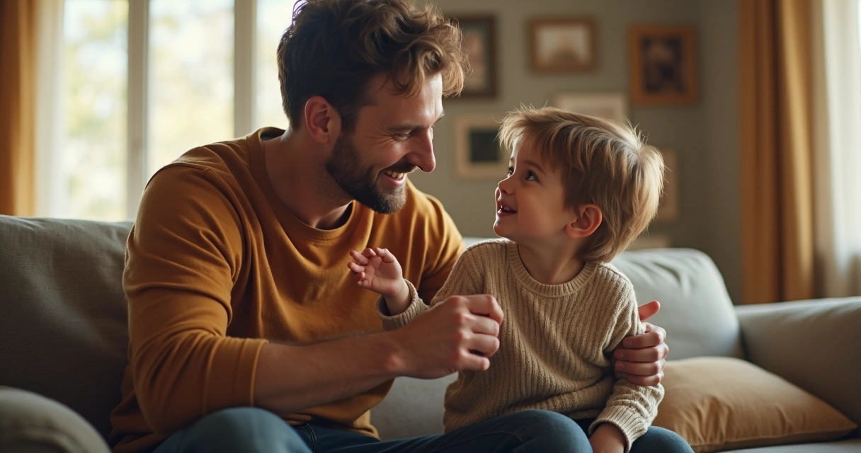 Pai e filho conversando na sala de casa, mostrando expressão de desafio. 