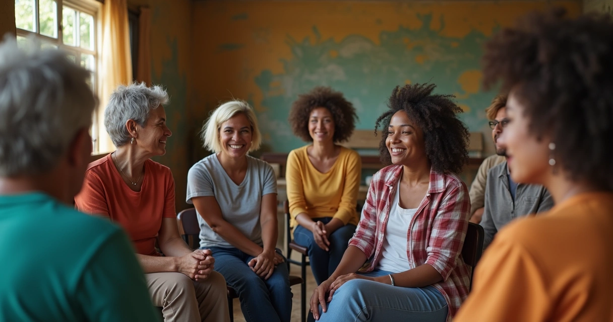 Grupo diverso em roda de conversa em centro comunitário 