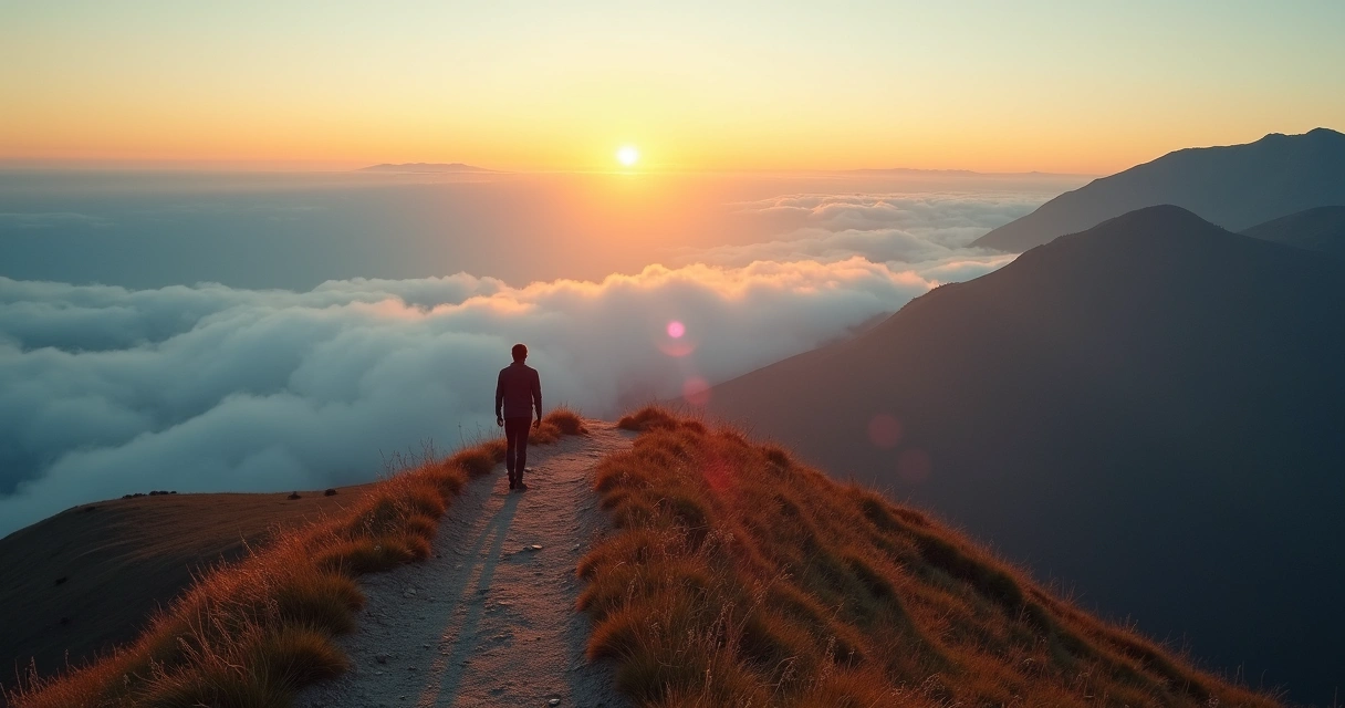 Pessoa caminhando em trilha de montanha ao nascer do sol 