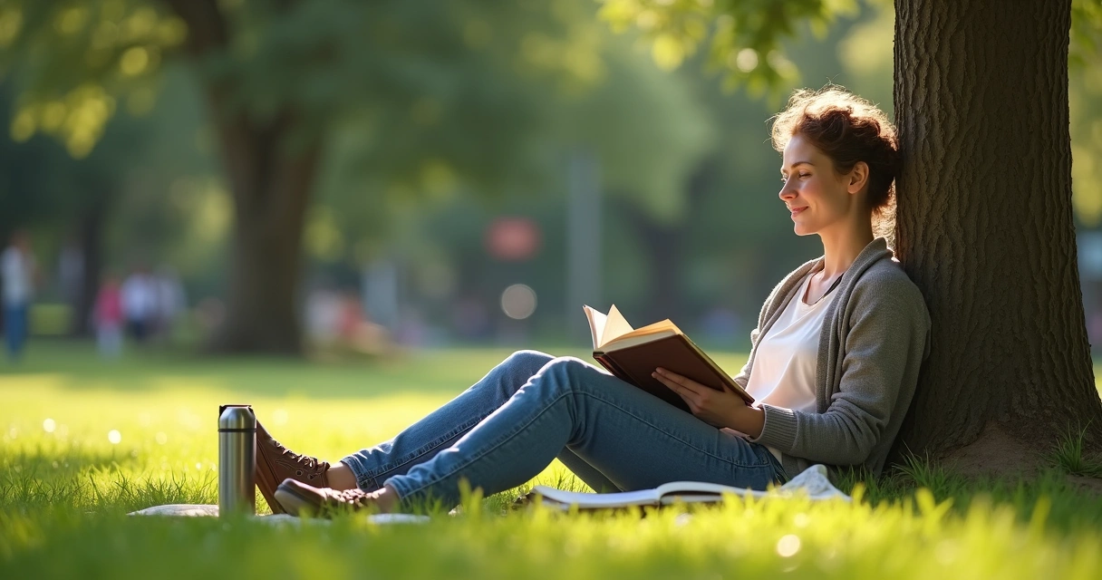 Pessoa relaxando em parque lendo livro 