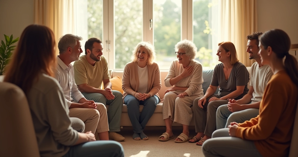 Grupo de pessoas sentadas em círculo sorrindo junto 