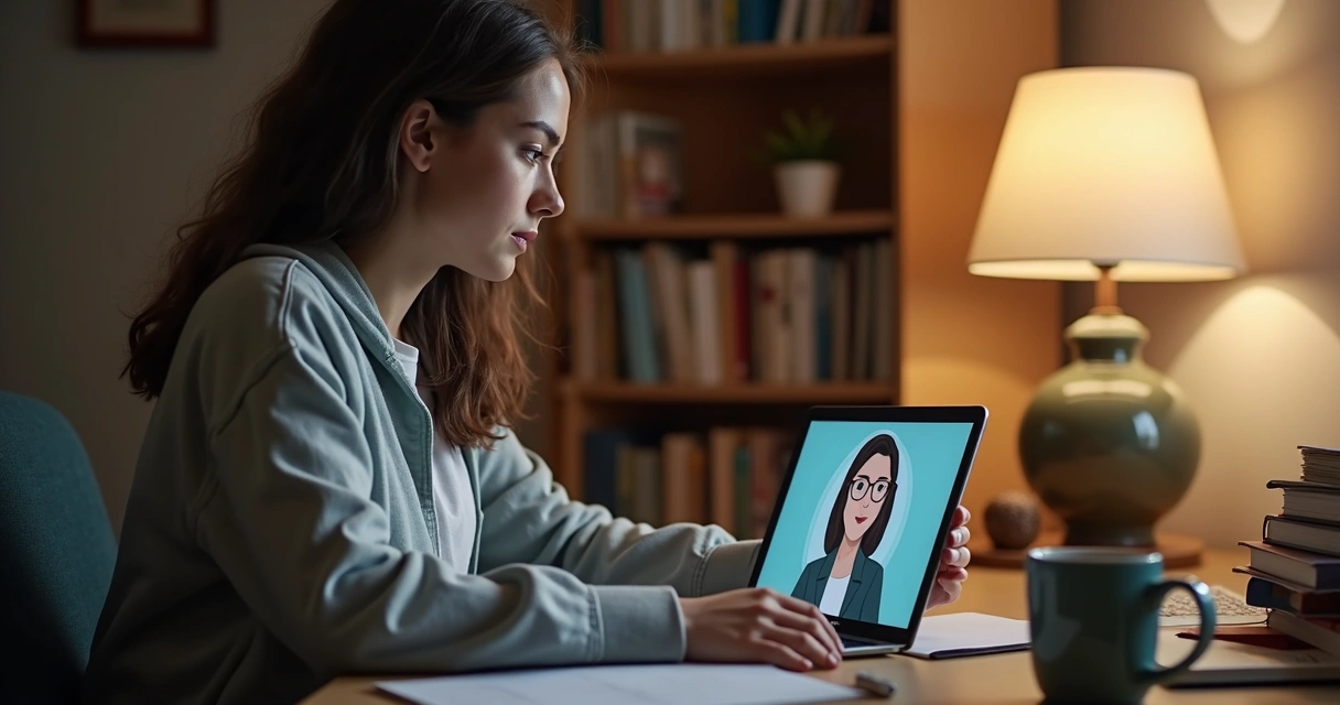 Pessoa em chamada de vídeo com psicólogo usando tablet 