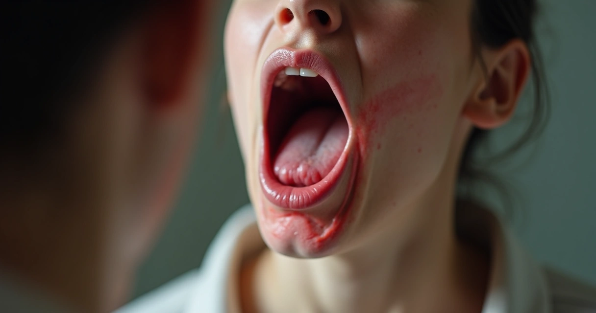 Pessoa olhando garganta inflamada no espelho 