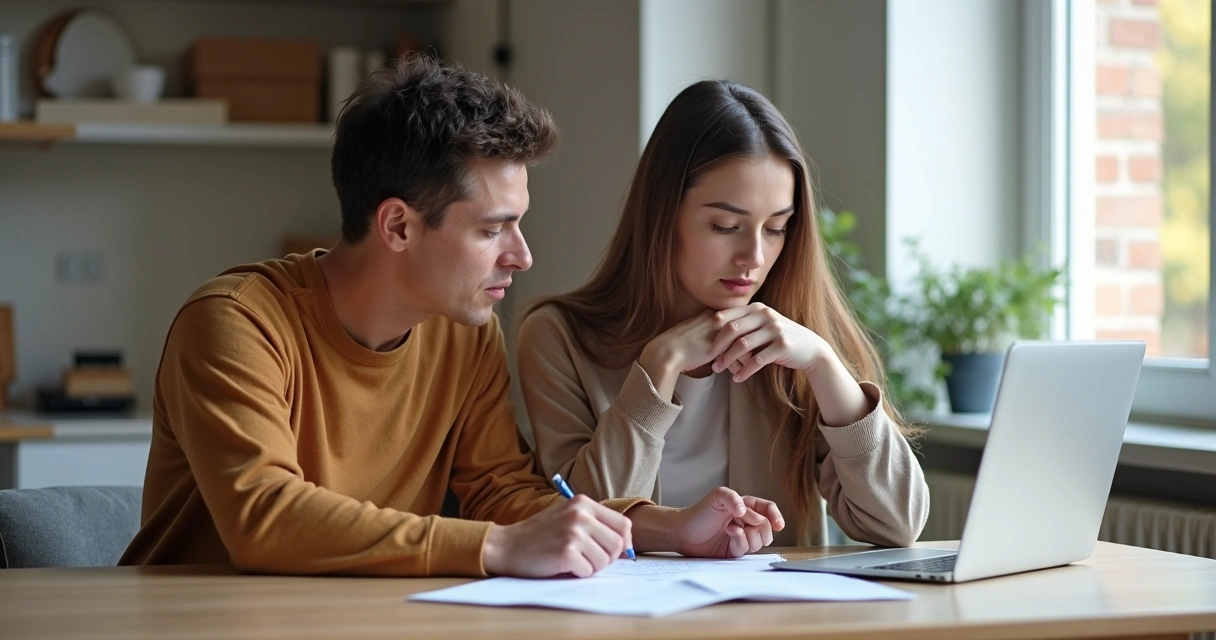Casal conversa sobre anotações em laptop 